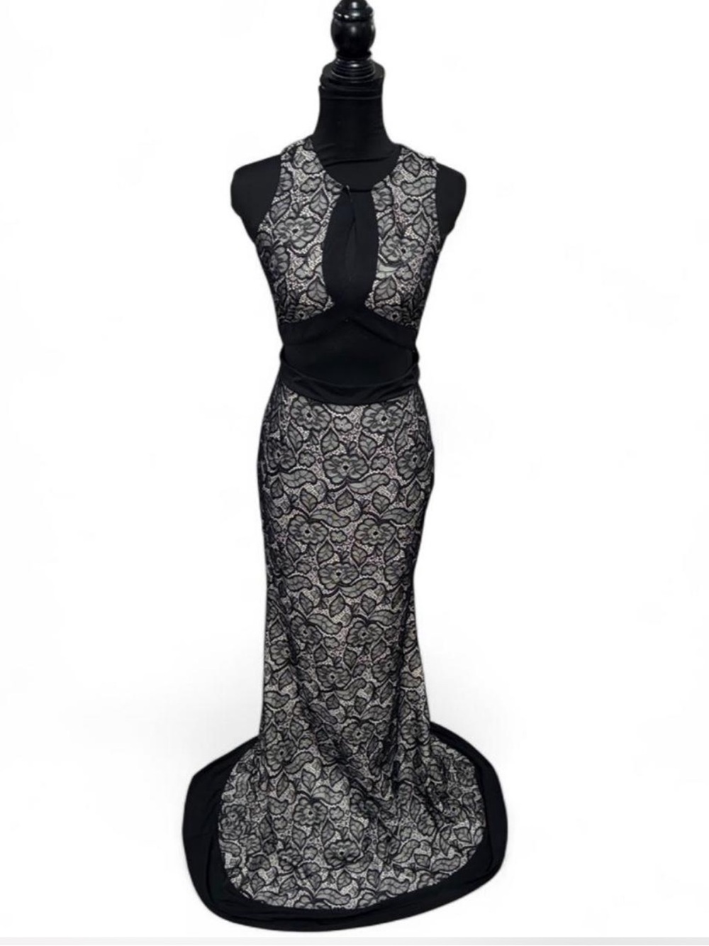 Windsor Black Lace-Overlay Backless Evening Gown